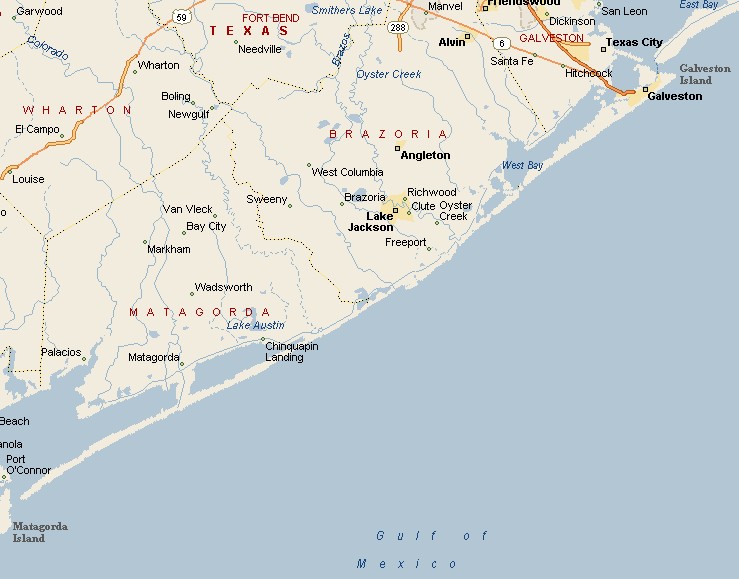 Brazosport Area Map with Lake Jackson, Freeport, Clute and Surfside Beach