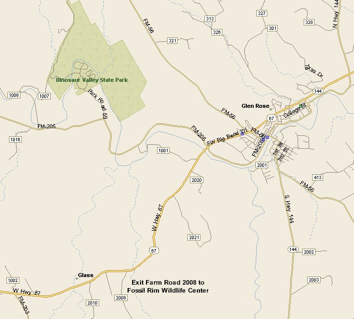 Glen Rose Area Map with Dinosaur Valley State Park & Fossil Rim Wildlife Center