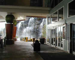 The east entry to the Tulalip Casino, flanked by waterfalls.