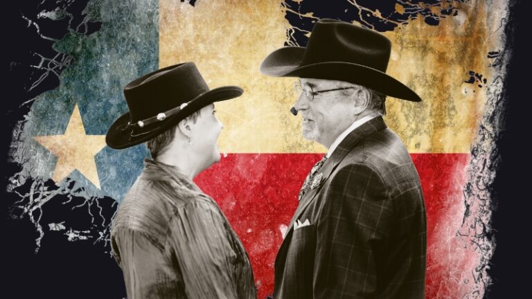 A couple of native Texans standing side by side, facing each other, with the Texas flag in the background