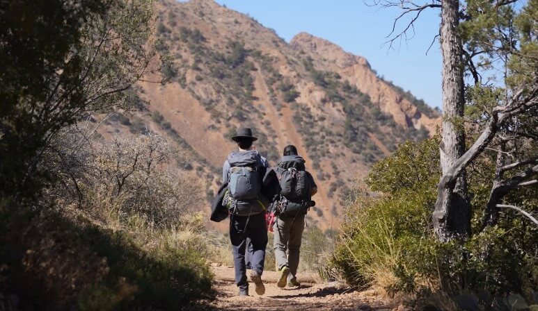 Hikers navigate a well-worn trail through a desert landscape