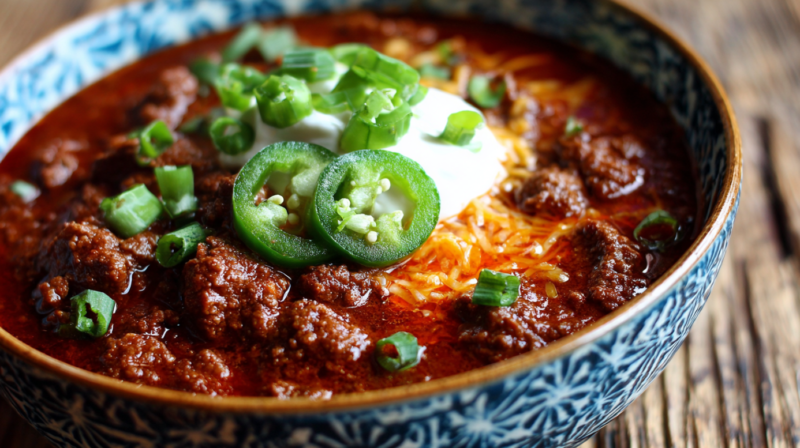 A bowl of Texas chili topped with sour cream, shredded cheese, jalapeño slices, and green onions, served in a patterned bowl