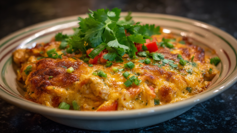 A serving of golden-brown King Ranch Chicken Casserole is topped with fresh cilantro, green onions, and diced red peppers