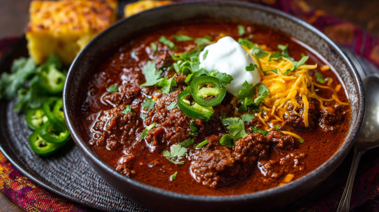 A bowl of Authentic Texas‑Style Chili topped with sour cream, shredded cheese, jalapeños, and cilantro, served with cornbread