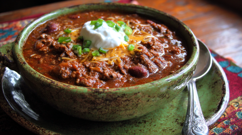 A rustic bowl of chili con carne topped with sour cream, shredded cheese, and green onions, served with a spoon on a ceramic plate