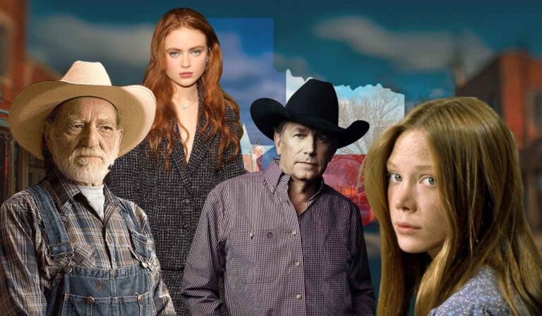 Composite image of Willie Nelson, Sadie Sink, George Strait, and Sissy Spacek in front of a Texas town backdrop with a faded Texas flag overlay