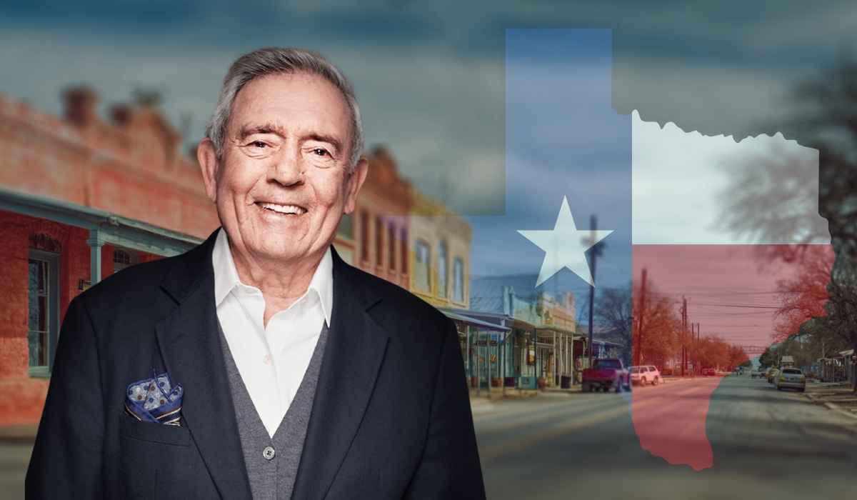 Dan Rather smiling in front of a Texas town background with a Texas flag overlay