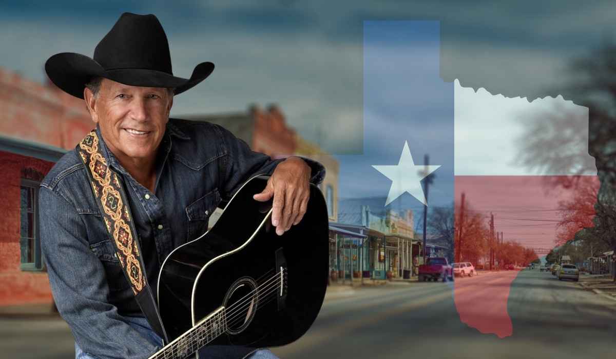 George Strait wearing a black cowboy hat and holding a guitar in front of a Texas town background with a Texas flag overlay