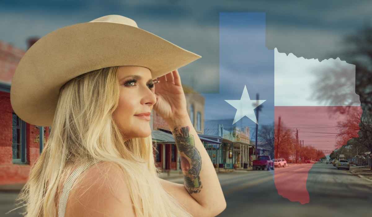 Miranda Lambert wearing a cowboy hat with a Texas town and Texas flag in the background