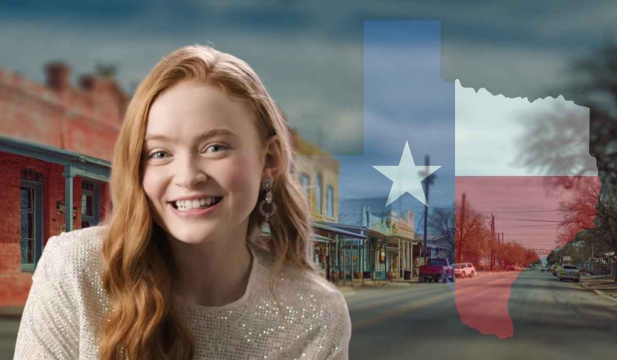 Sadie Sink smiling in front of a small Texas town backdrop with a Texas flag overlay