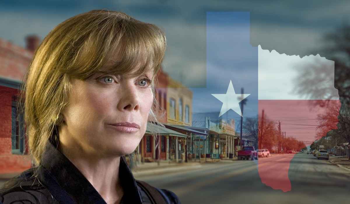 Sissy Spacek in front of a Texas small town background with a Texas flag overlay