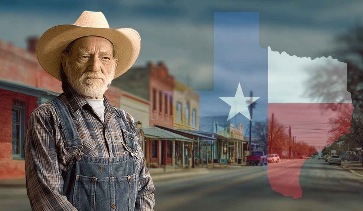 Willie Nelson wearing a cowboy hat and overalls, standing in front of a small Texas town with a Texas flag overlay