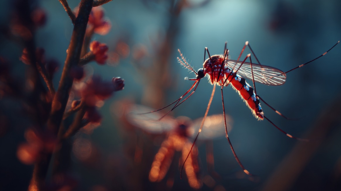 Close-up view of an Aedes mosquito with black-and-white striped legs and body, perched on a plant with soft, blurred background lighting