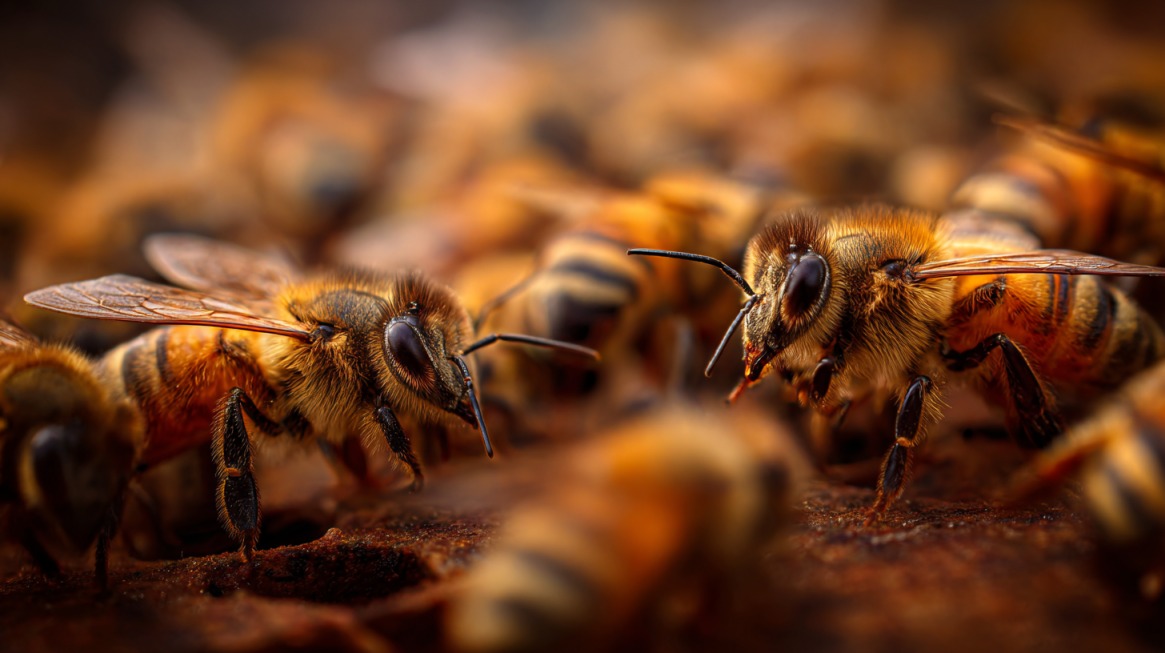 Close-up macro shot of two Africanized “killer” bees facing each other, with a blurred background of more bees in the hive