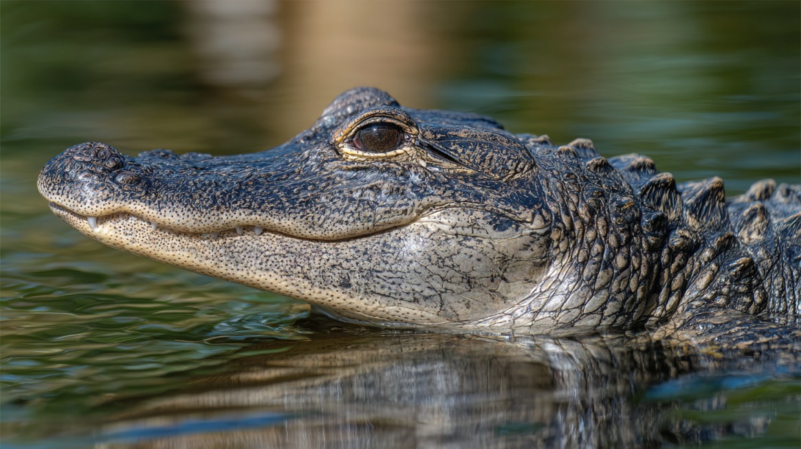 Close-up side profile of an American alligator’s head above water, showing rough, textured skin and a partially open mouth with visible teeth