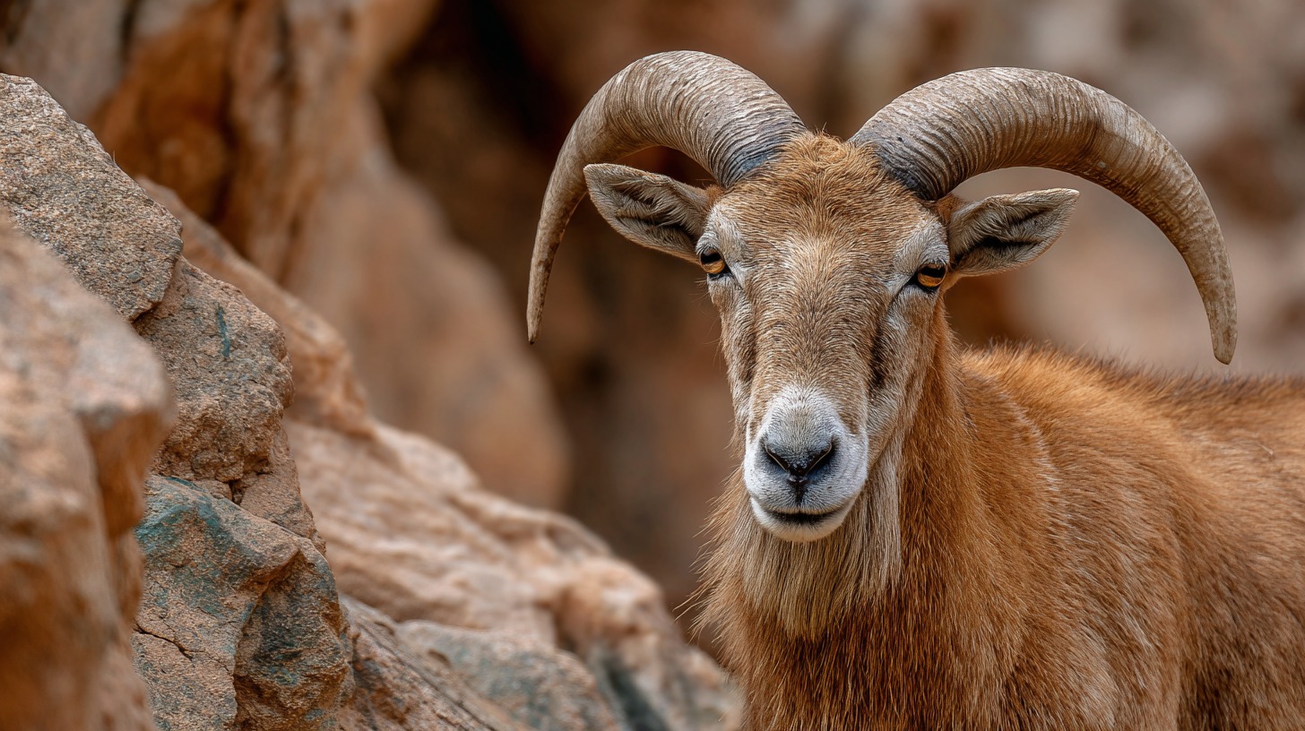 Aoudad sheep with curved horns and sandy-brown coat standing near rugged rocks