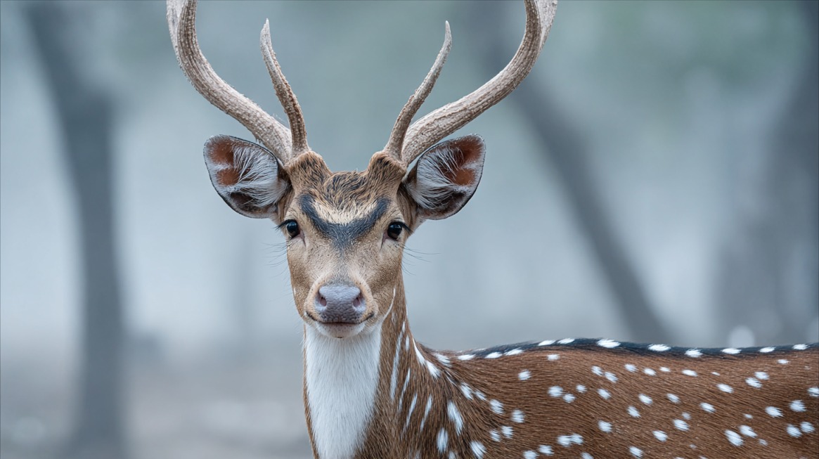 Axis deer with spotted coat and branching antlers standing against a foggy woodland background