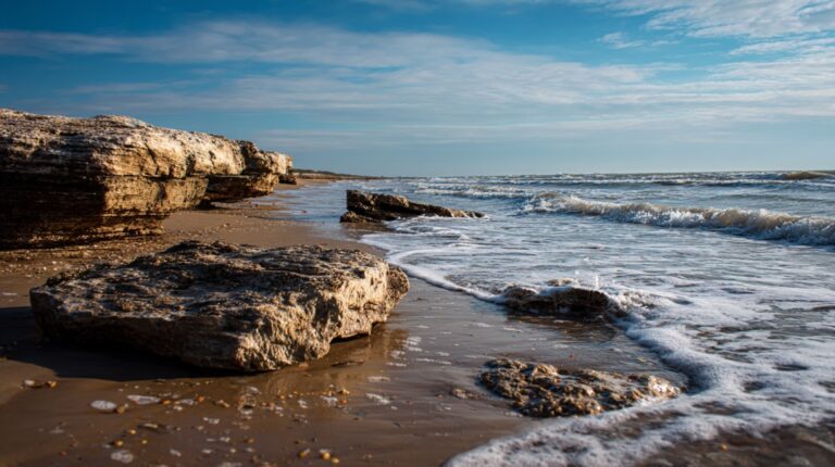 Rocky shoreline with gentle ocean waves washing over the beach under a blue sky in Texas