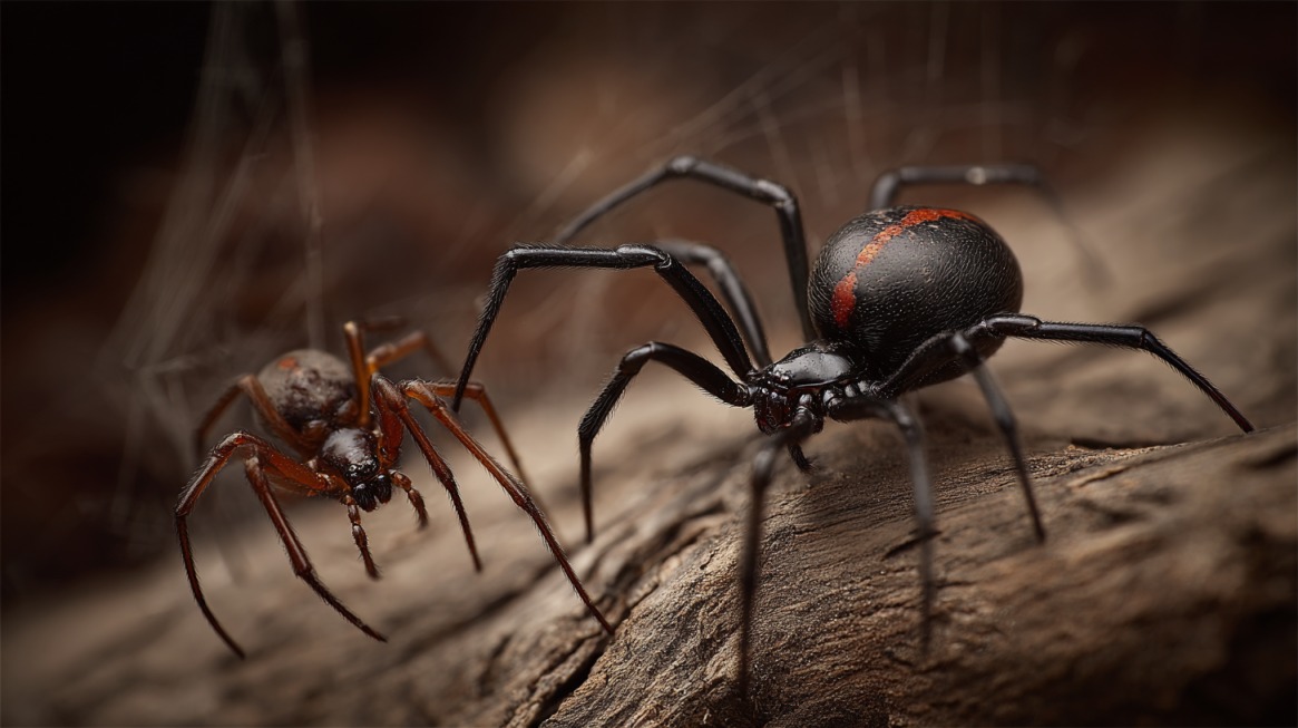 Close-up of a Black Widow spider with a red marking on its abdomen facing a Brown Recluse spider with a violin-shaped marking, both on a piece of wood