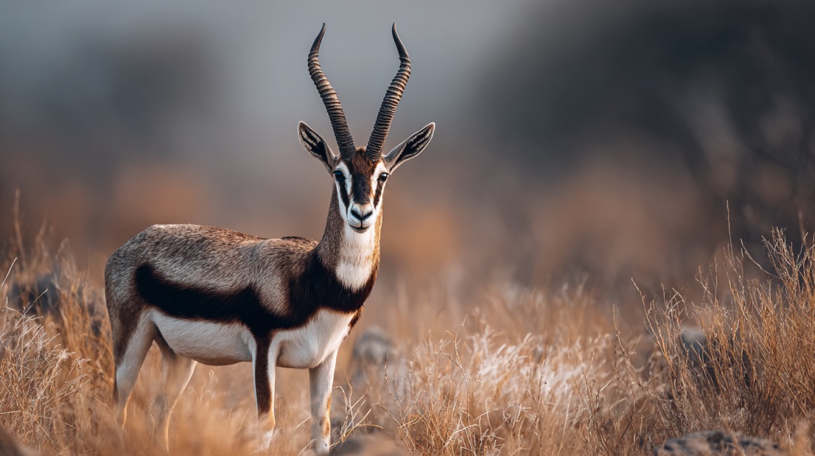 Blackbuck antelope with spiraled horns and striking black-and-white markings standing in dry grass