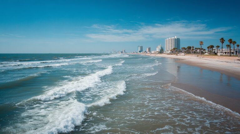 A view of Corpus Christi Beach with ocean waves, sandy shore, palm trees, and tall buildings in the background