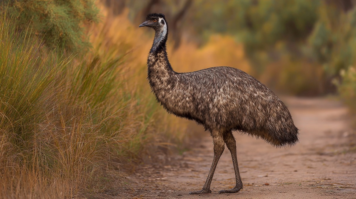 Emu with long legs and shaggy brown feathers walking on a dirt track surrounded by tall grass