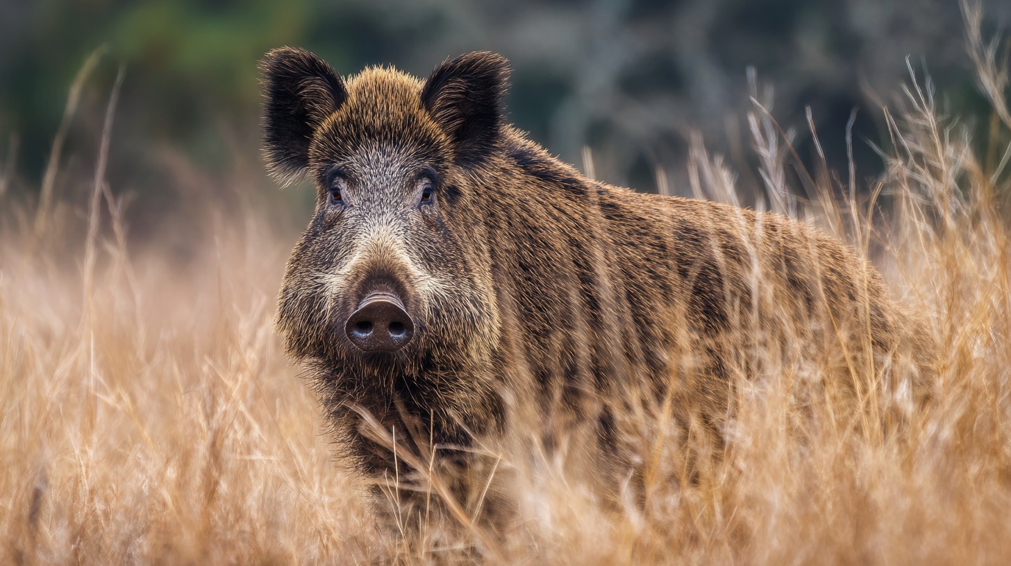 Wild boar standing in dry grass, facing forward with alert ears and dark, bristled fur