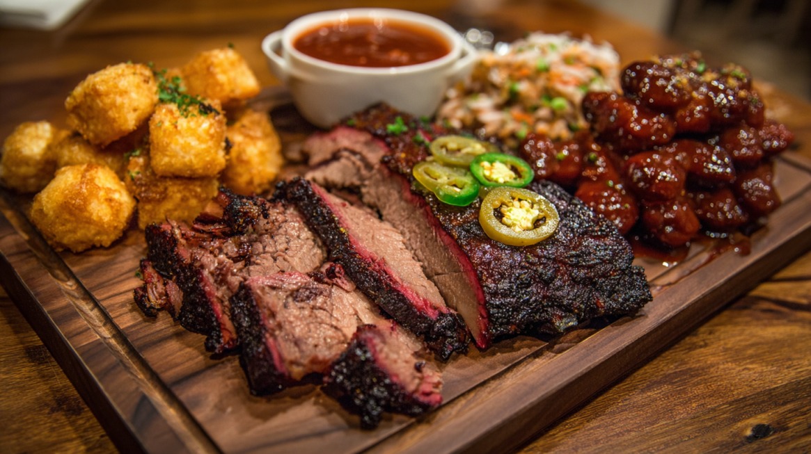 Close-up of a Texas BBQ platter with sliced brisket topped with jalapeños, tater tots, coleslaw, BBQ sauce, and glazed meat bites