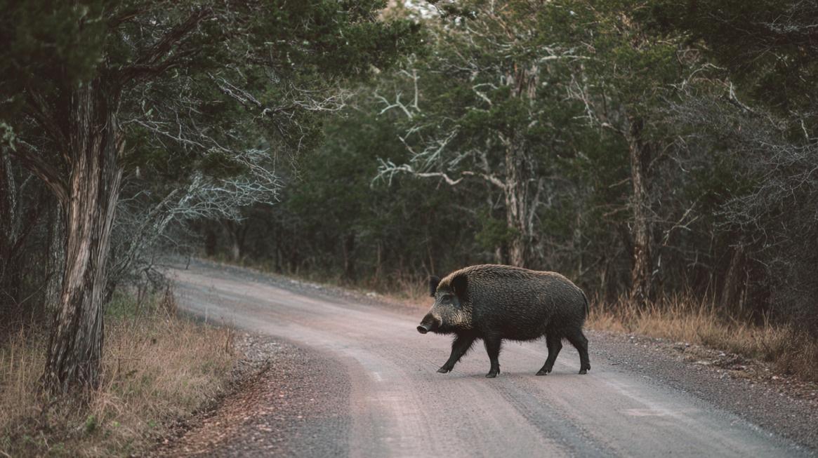 Wild hog crossing a rural dirt road in a wooded area