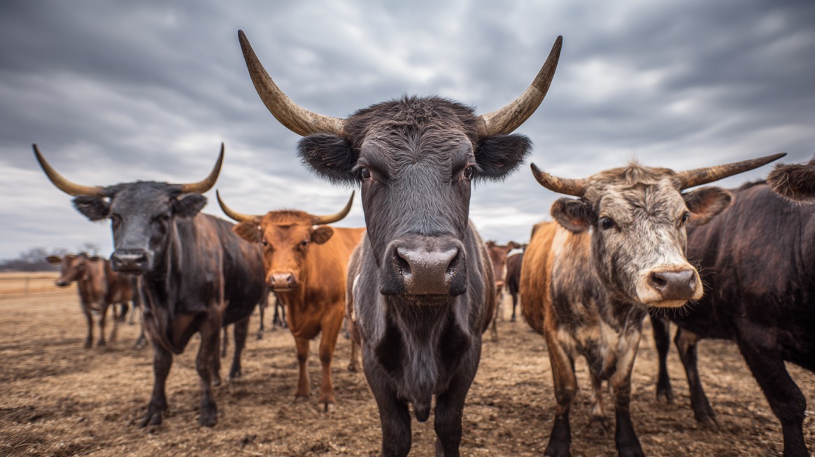 Close-up of Texas longhorn cattle standing in a field, facing the camera under a cloudy sky