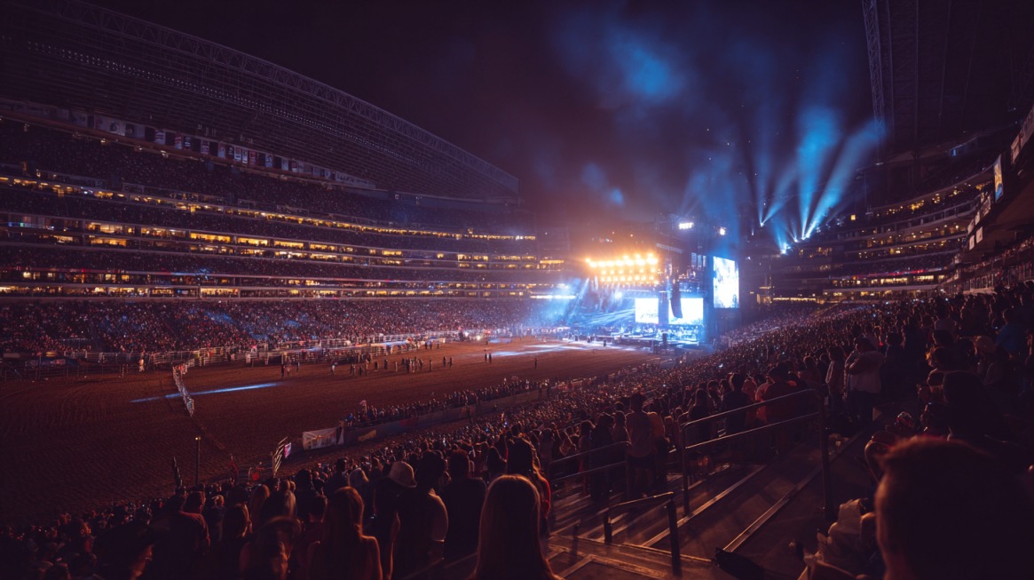 Packed rodeo stadium at night with a brightly lit concert stage and blue spotlights