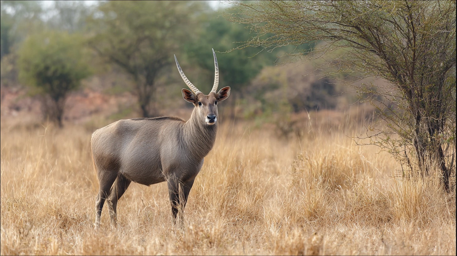 Nilgai antelope with slender horns and grayish coat standing in dry grass with trees in the background