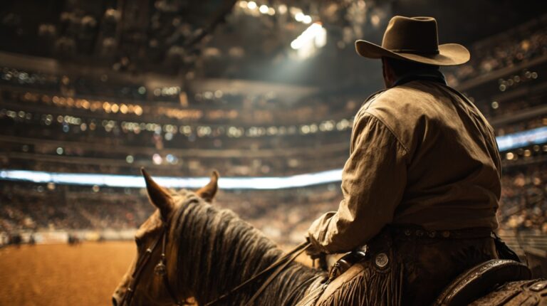 Cowboy on horseback inside a rodeo arena, viewed from behind, with a crowd in the background