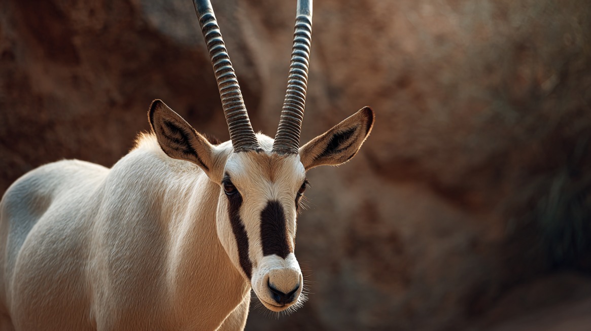 Close-up of a scimitar-horned oryx with long, curved horns and white coat marked by dark facial stripes