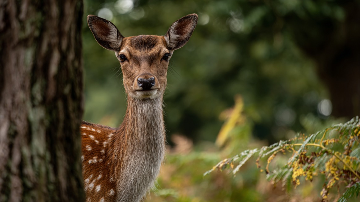 Sika deer with spotted coat and alert expression standing partly behind a tree in a forest setting