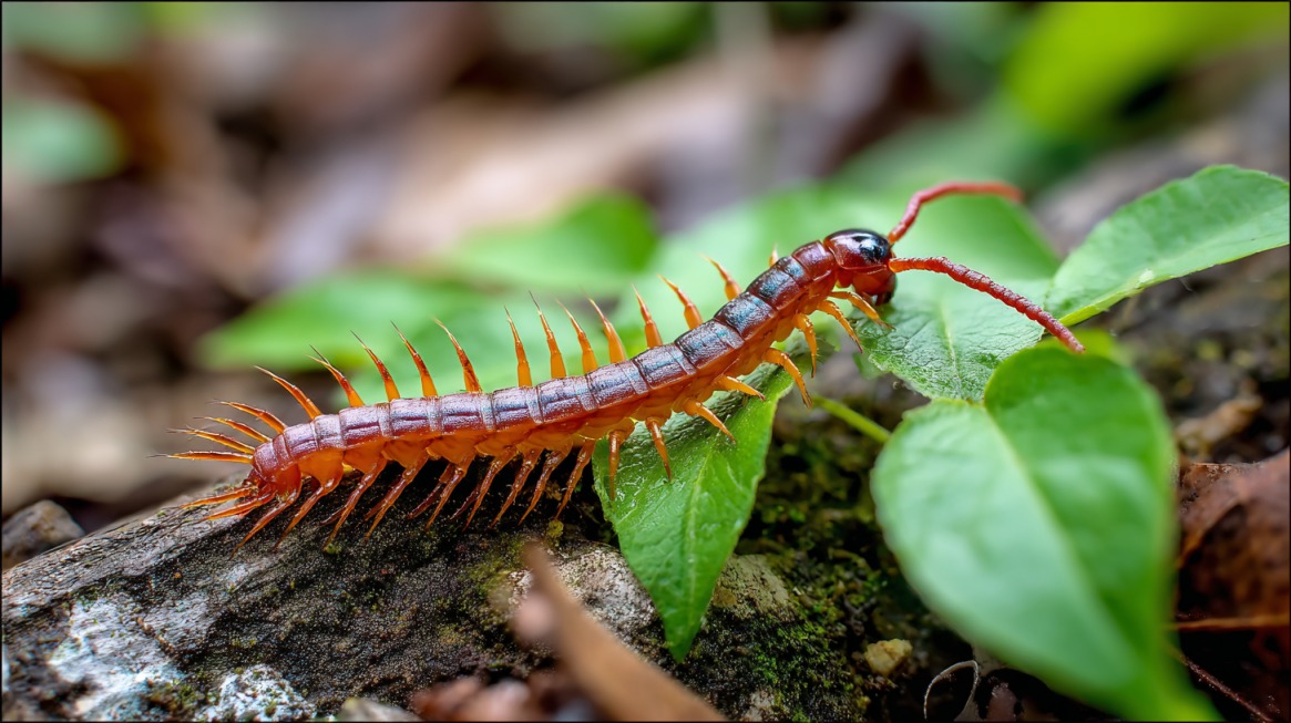 Close-up of a Texas Red-Headed Centipede with a red head, black body, and yellow legs crawling on a green leaf in its natural habitat
