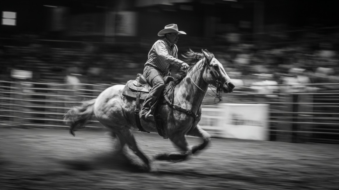 Black and white image of a cowboy riding a galloping horse during a rodeo event, with motion blur