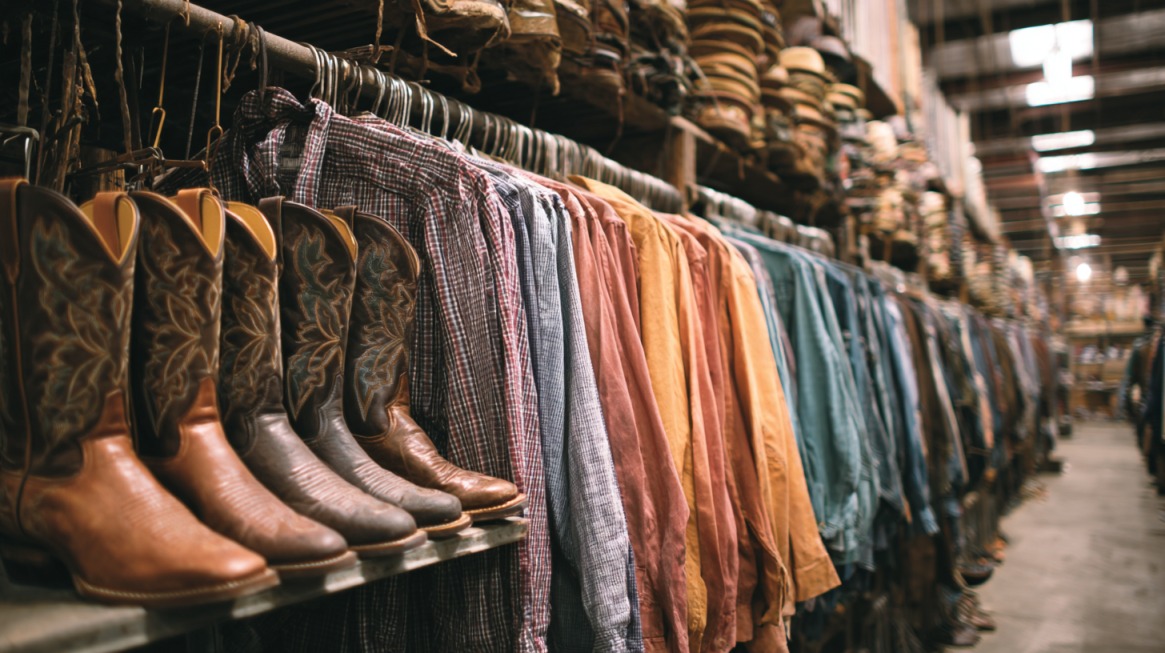 Row of cowboy boots next to colorful plaid and solid western shirts hanging on racks in a store