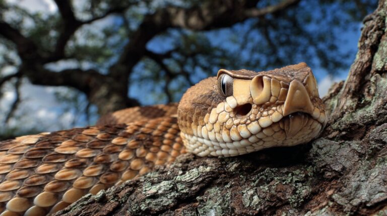 Close-up of an eastern diamondback rattlesnake resting on a tree branch, showing its patterned scales, large heat-sensing pits, and intense gaze