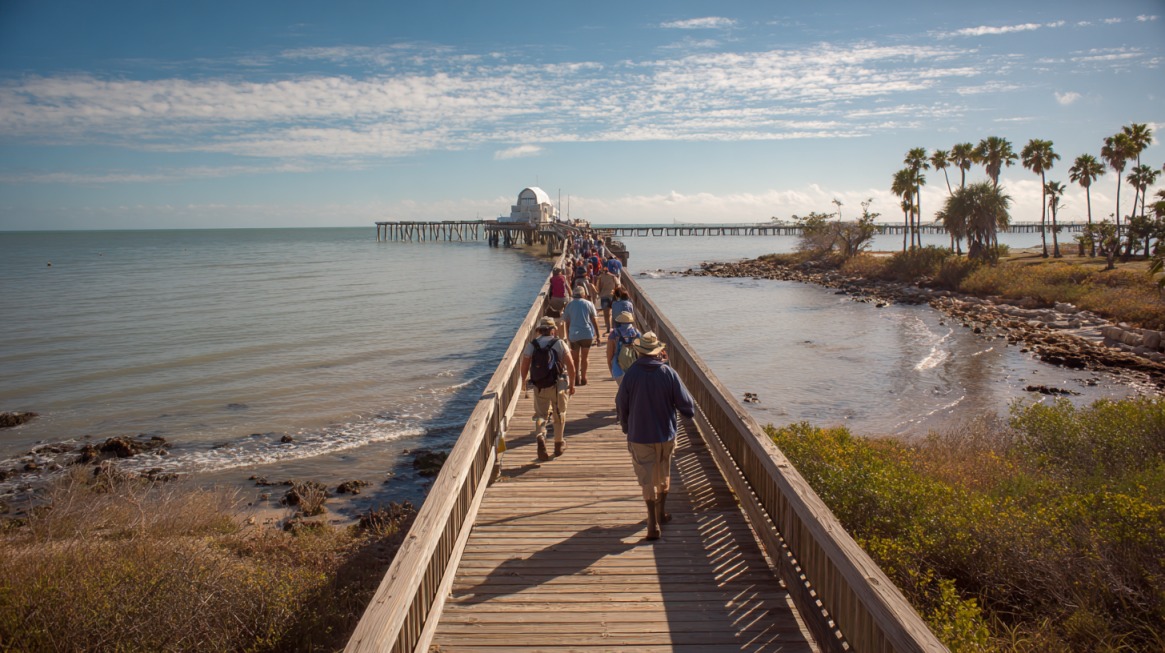 People walking along a wooden boardwalk toward a pier over the ocean in Corpus Christi, Texas