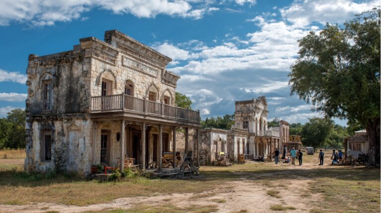 Old western-style stone buildings at a Texas film set with people walking nearby