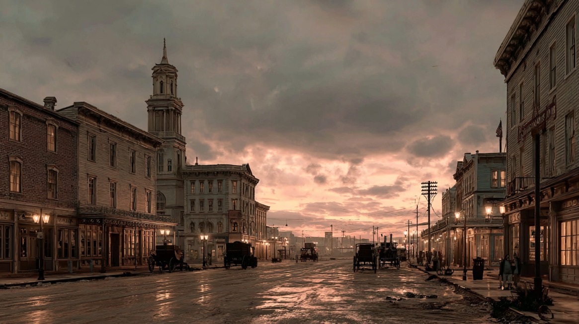 Historic street scene at sunset with old-style buildings, horse-drawn carriages, and lampposts