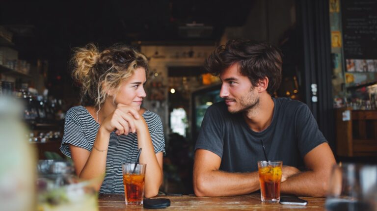 Man and woman sitting at a café table, smiling and looking at each other with drinks in front of them