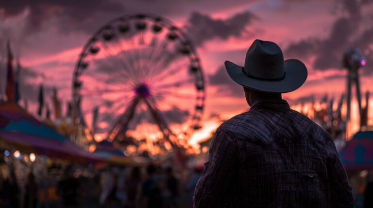Silhouette of a cowboy in a hat looking at a Ferris wheel and carnival rides during sunset at the fair