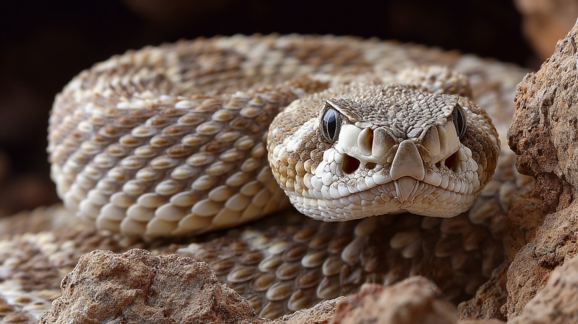 Close-up of a Western Diamondback Rattlesnake coiled among rocks, with its head raised and eyes forward, showing detailed scales and distinct facial pits