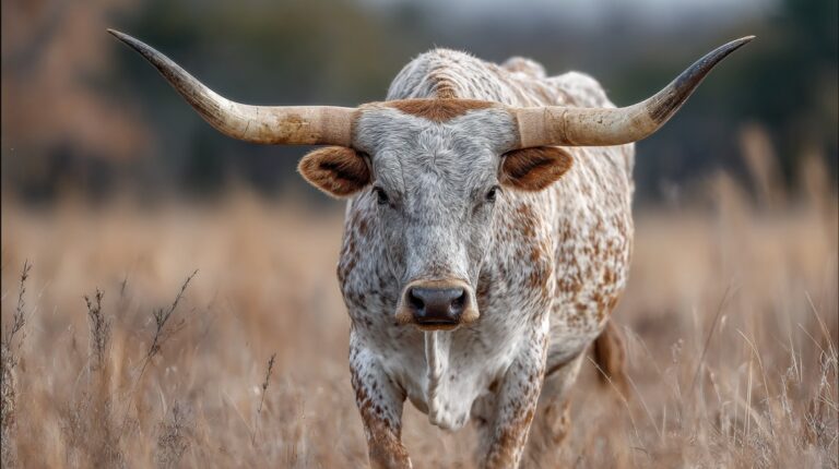 Texas longhorn with large, curved horns and speckled coat walking through dry grass