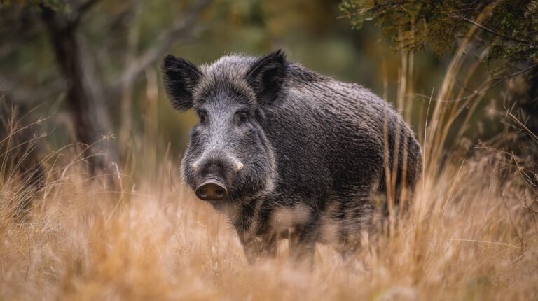 Wild hog standing in tall grass in a Texas woodland area
